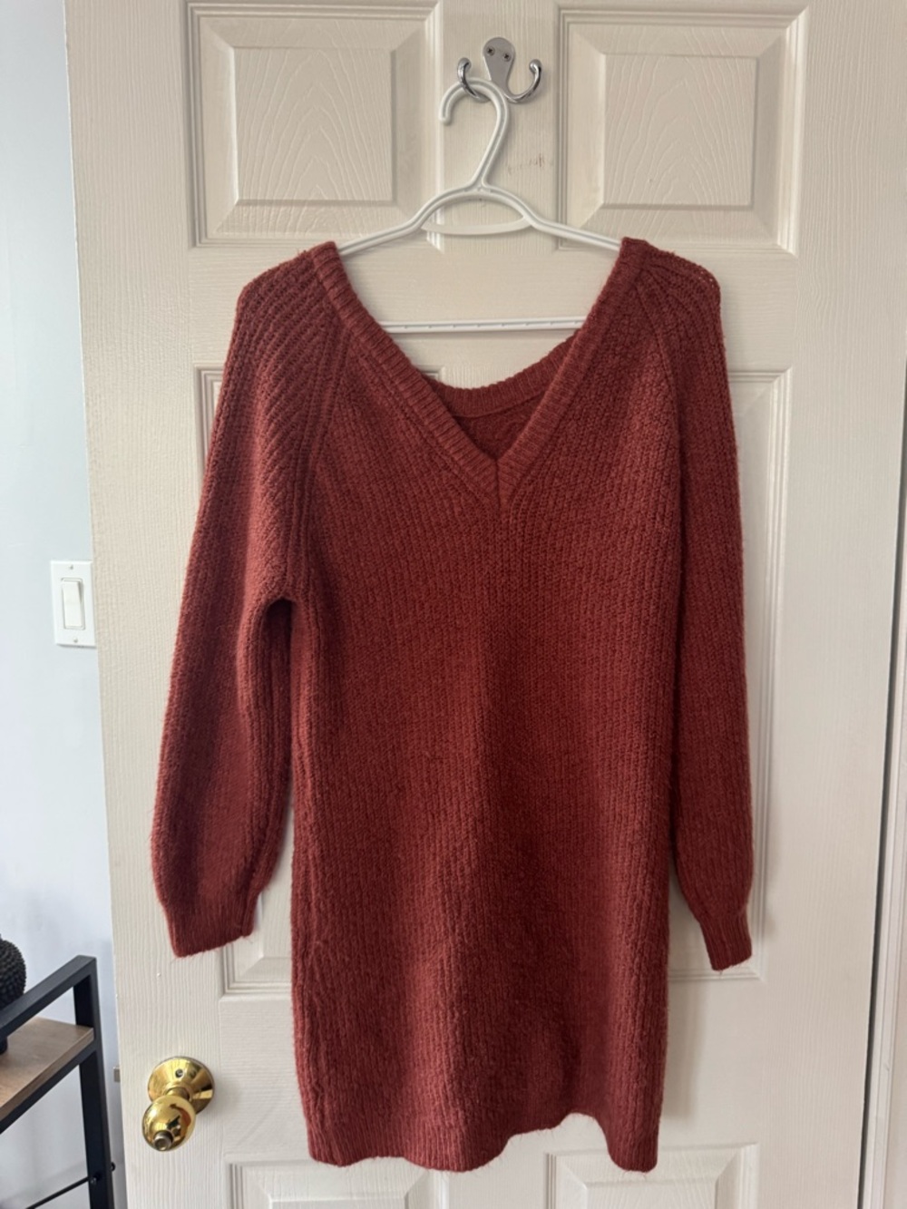 V-Neck Longline Knit Sweater Dress - Rust